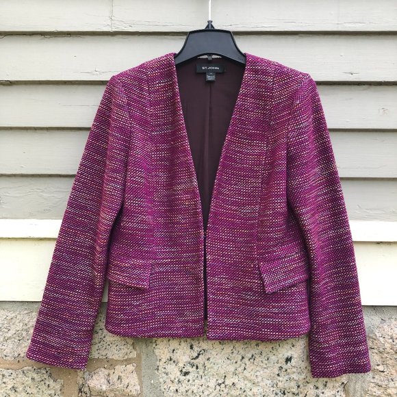 St. John Collarless Woven Fuchsia Multicolor Tweed Boucle Blazer Jacket 8 2019 - Picture 11 of 16